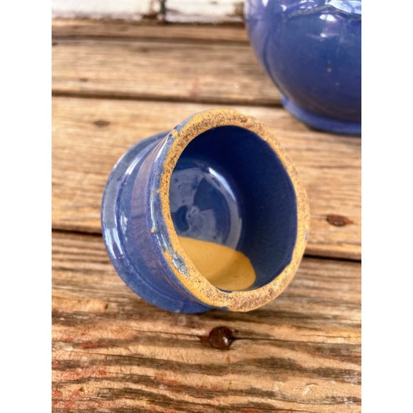 Antique 1930s Blue Glaze stoneware pottery Small Teapot Cherry Leaves - Picture 5 of 13